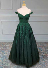 A-line Off-the-Shoulder Glitter Appliqued Tulle Prom Dress with Regular Straps-27dress